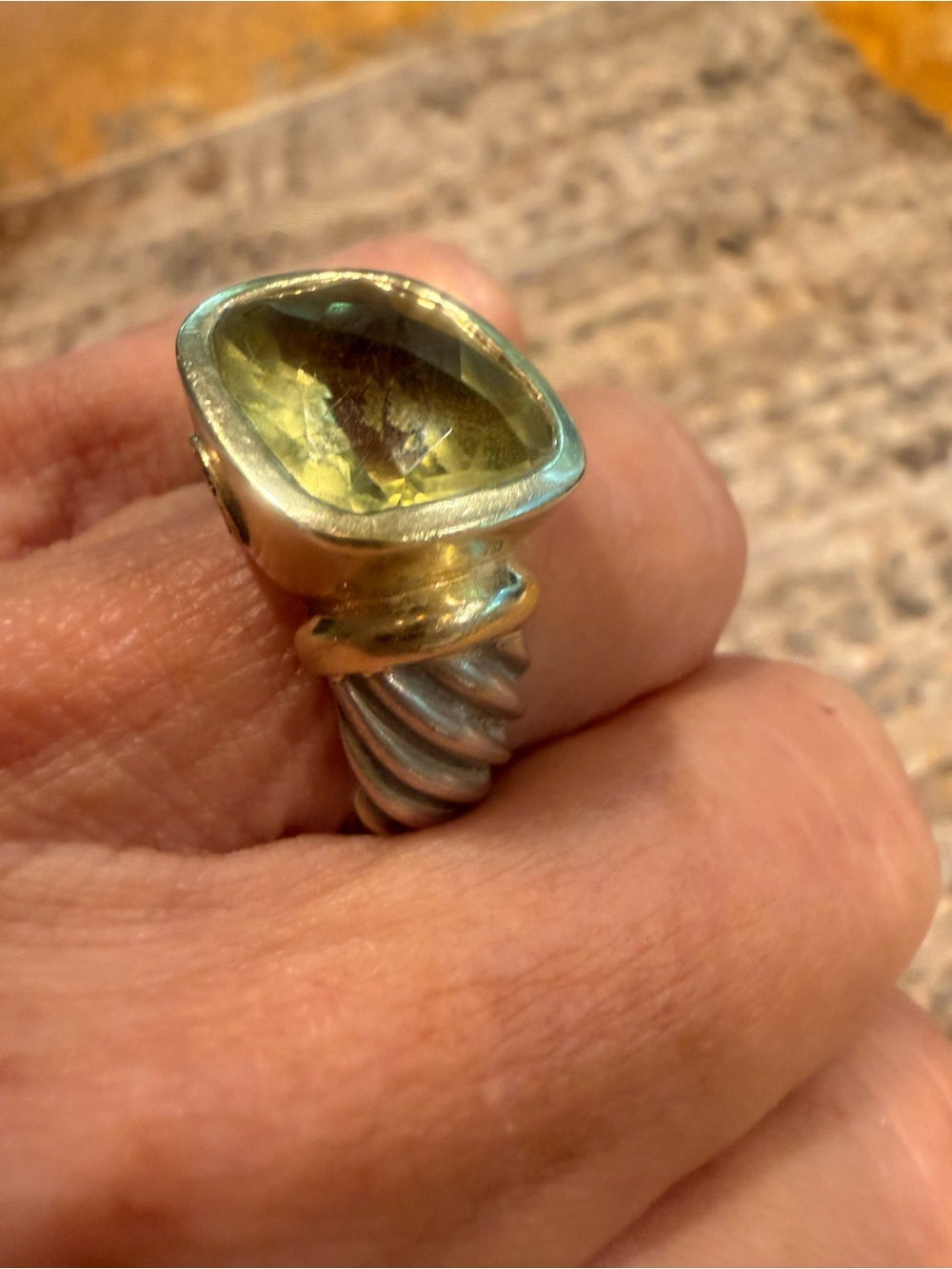 David Yurman Silver Ring with Lemon-Green citrine Gemstone and  14k Gold Bezel